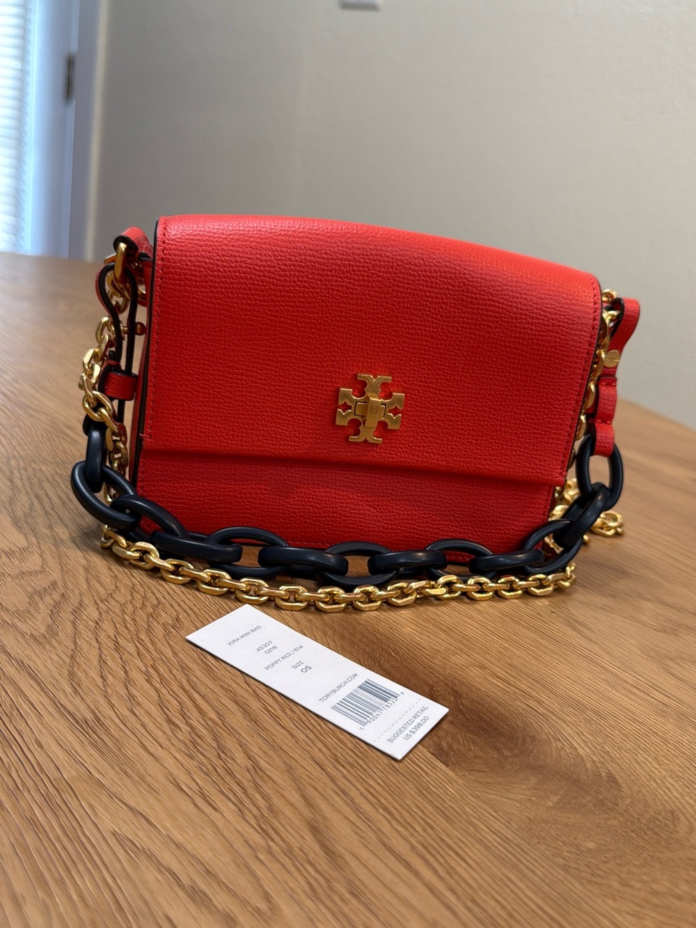 Tory Burch Coral-Red Leather Crossbody with Gold & Black Chain